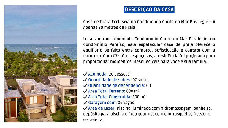 Aluguel Casa Guarajuba – 7 Suítes, 50m da Praia!