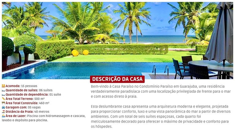 Casa Paraíso 6 Suítes Pé na Areia em Guarajuba